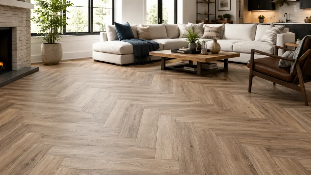 Herringbone LVP flooring in a modern living room with waterproof wood-look planks and warm natural tones