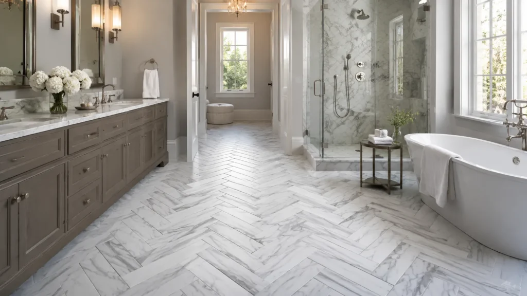 Luxury bathroom with herringbone marble tile floor, white marble pattern, bathtub, and elegant fixtures