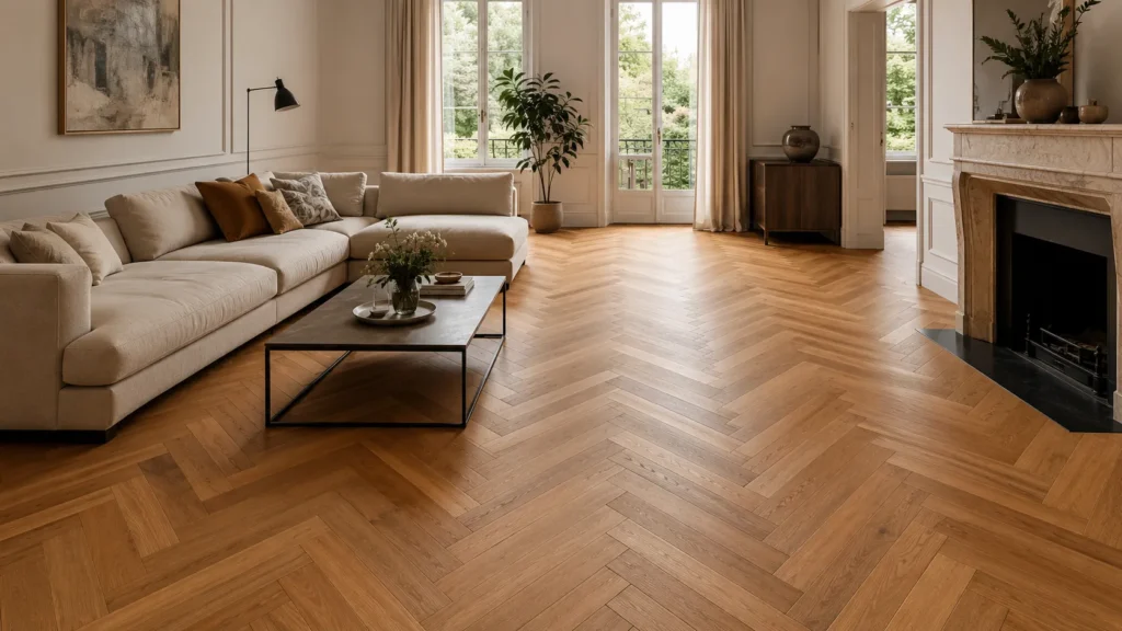 Herringbone parquet flooring in a bright living room with warm wood grain and classic zigzag pattern