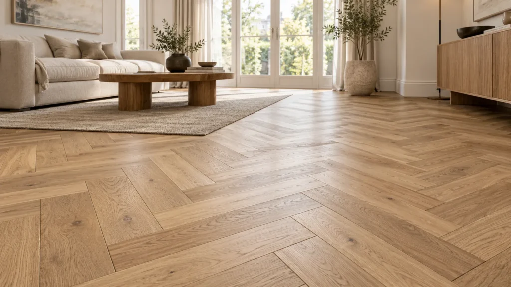 Herringbone parquet flooring with real wood blocks in a modern living room