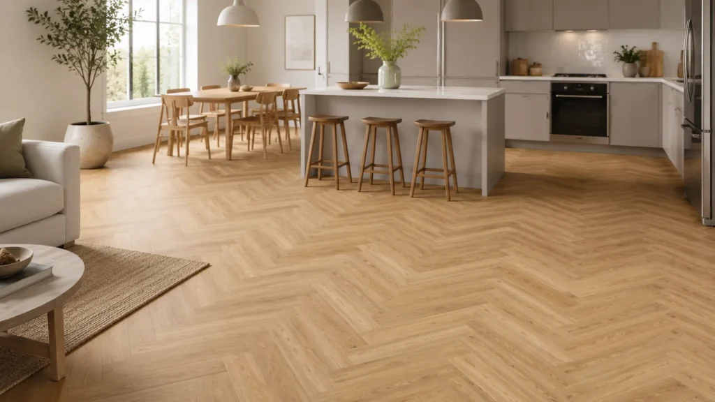 Herringbone vinyl flooring in a modern kitchen with waterproof wood-look plank design