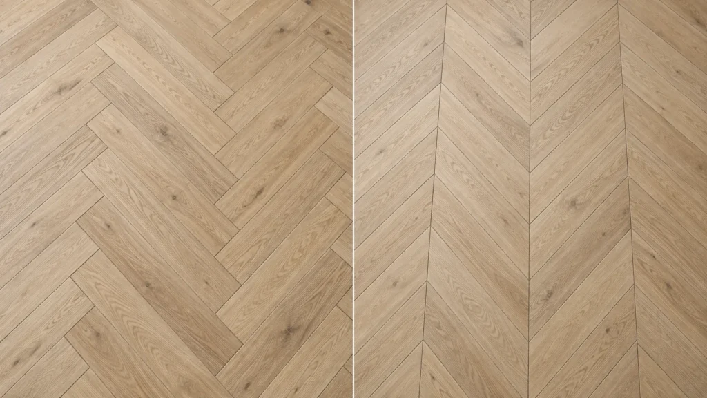 Side-by-side comparison of herringbone and chevron flooring in natural white oak, showing staggered 90-degree herringbone planks on the left and continuous V-shaped chevron planks on the right.