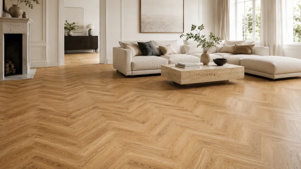 Herringbone wood floor in a modern home interior with warm natural wood tones and elegant pattern