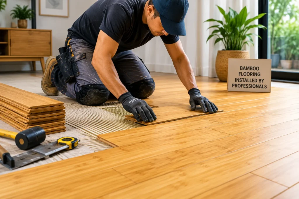 Professional installer placing bamboo flooring planks over a prepared subfloor with tools during home flooring installation