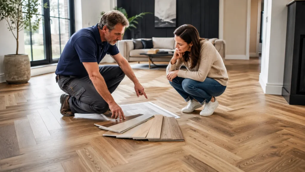 Flooring professional discussing herringbone flooring samples and layout options with a homeowner