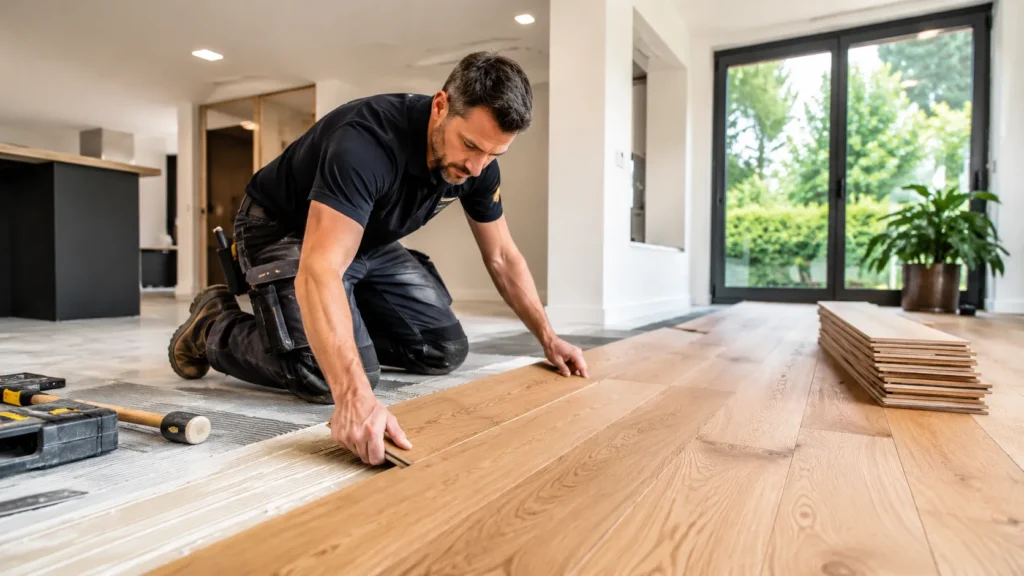 Professional installer placing oak flooring planks over a prepared subfloor during home flooring installation