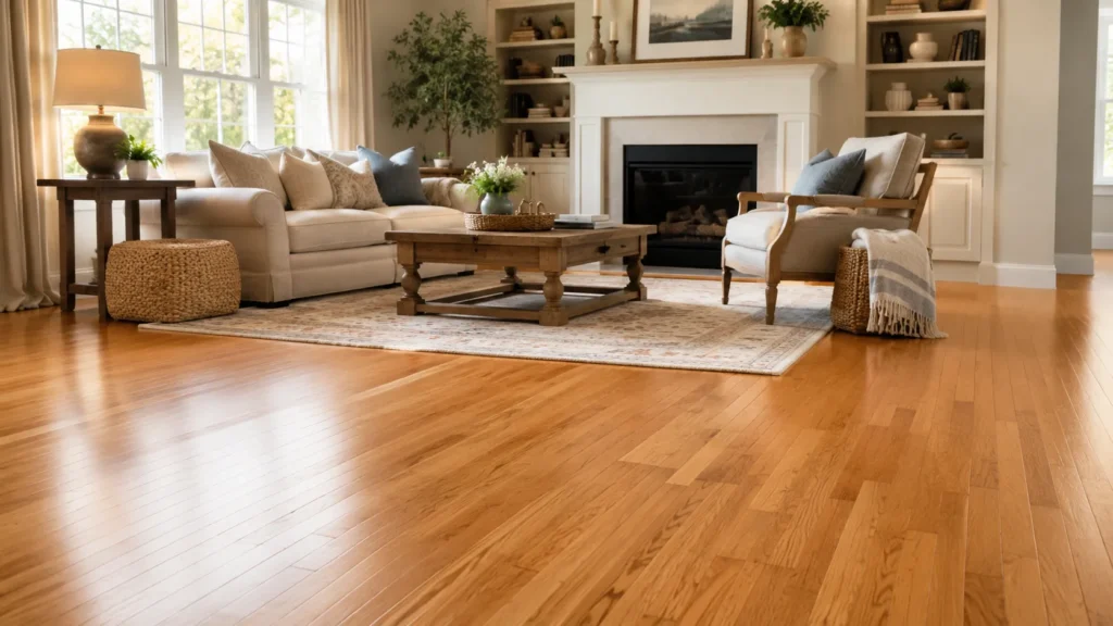 Honey oak floors in a cozy traditional living room with warm golden wood tones and natural light