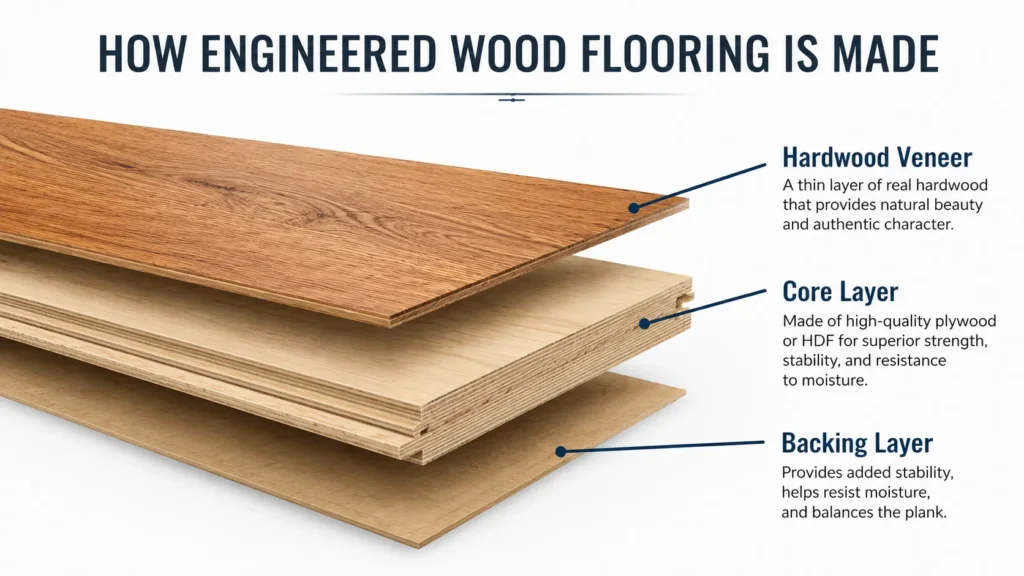 Engineered wood flooring plank layers showing hardwood veneer, core layer, and backing layer construction