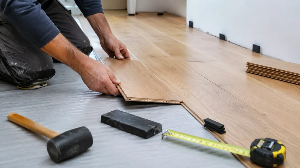 Installer placing engineered wood flooring planks over a prepared subfloor with tools nearby