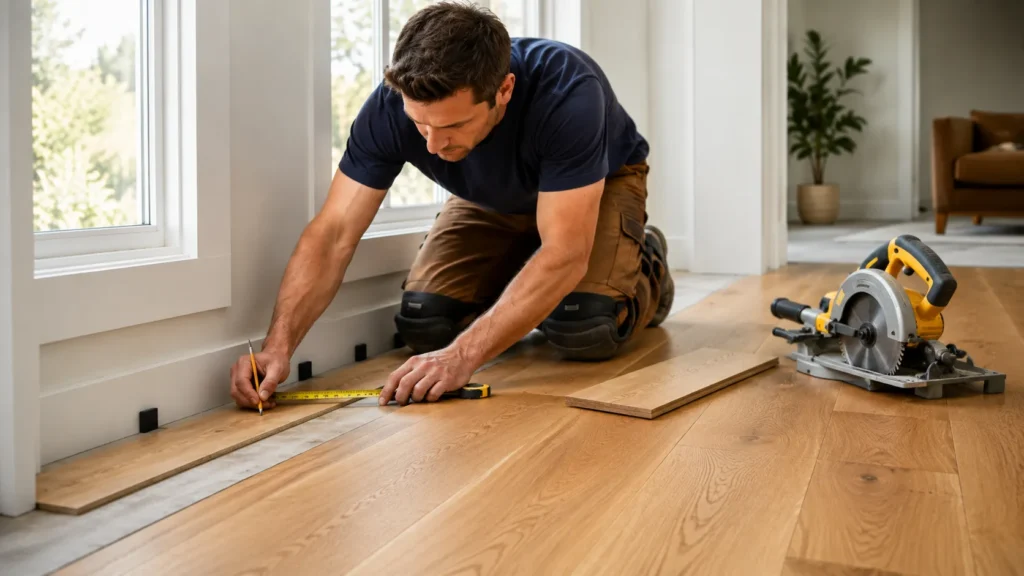 Installing oak flooring planks with a tapping block and mallet
