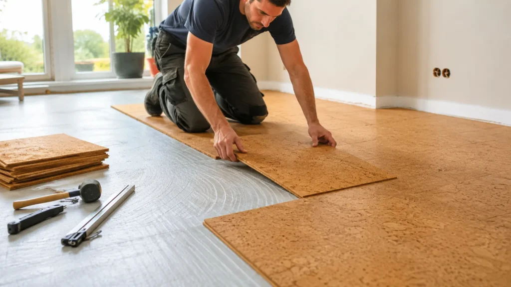 Installer placing cork flooring tiles over a prepared subfloor during home flooring installation