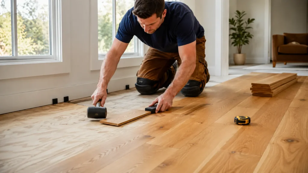 Installing engineered oak flooring over underlayment in a bright room