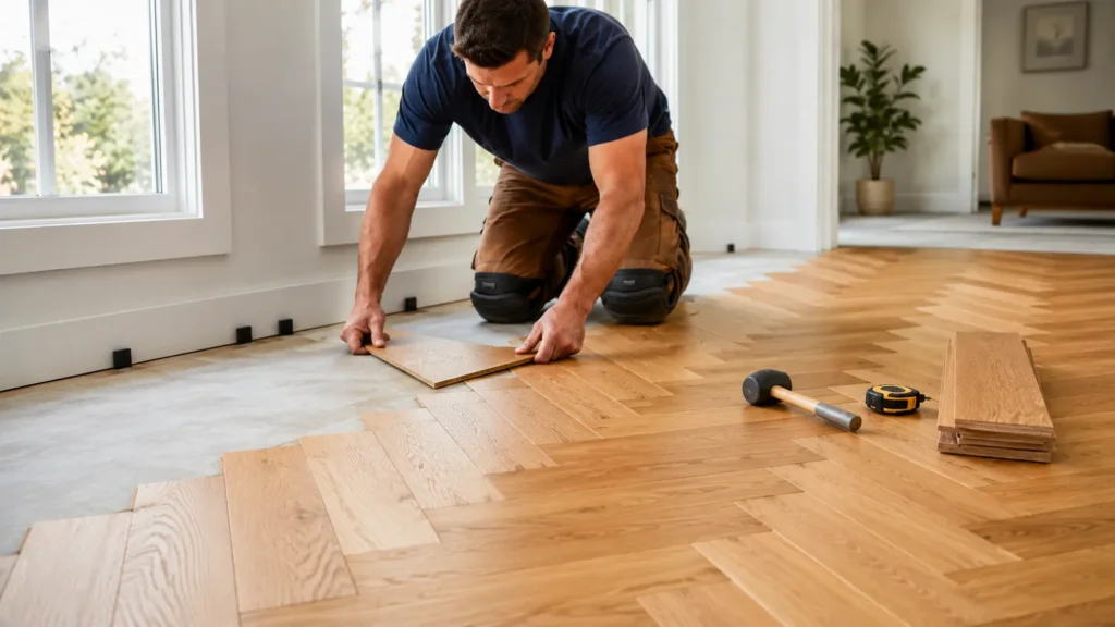 Laying herringbone oak flooring pattern in a modern interior