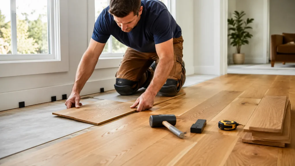 Man installing oak flooring in a bright modern room with tools and oak planks
