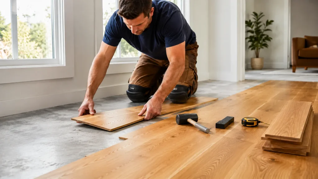 Man laying oak flooring on a concrete subfloor in a bright modern room