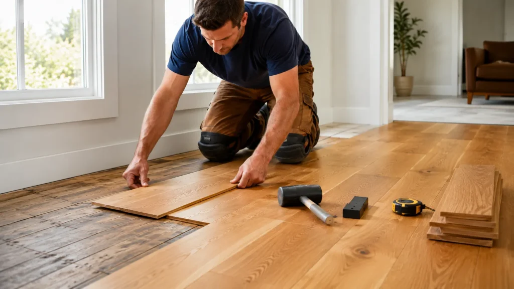 Installing oak flooring over old wooden floorboards with tools nearby