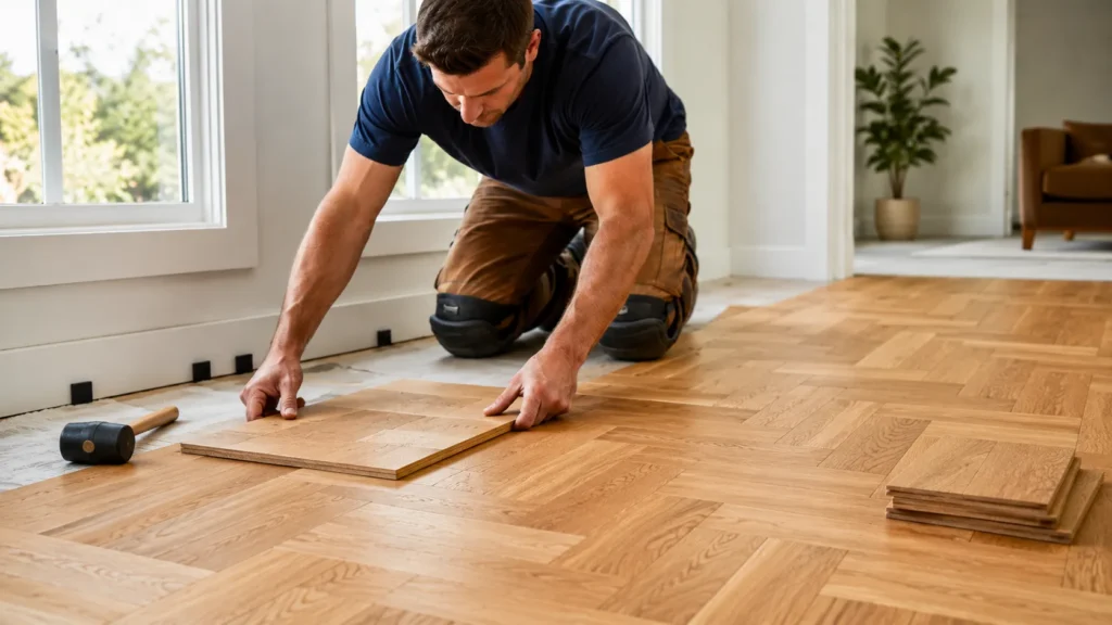 Installing oak parquet flooring with a patterned wood layout