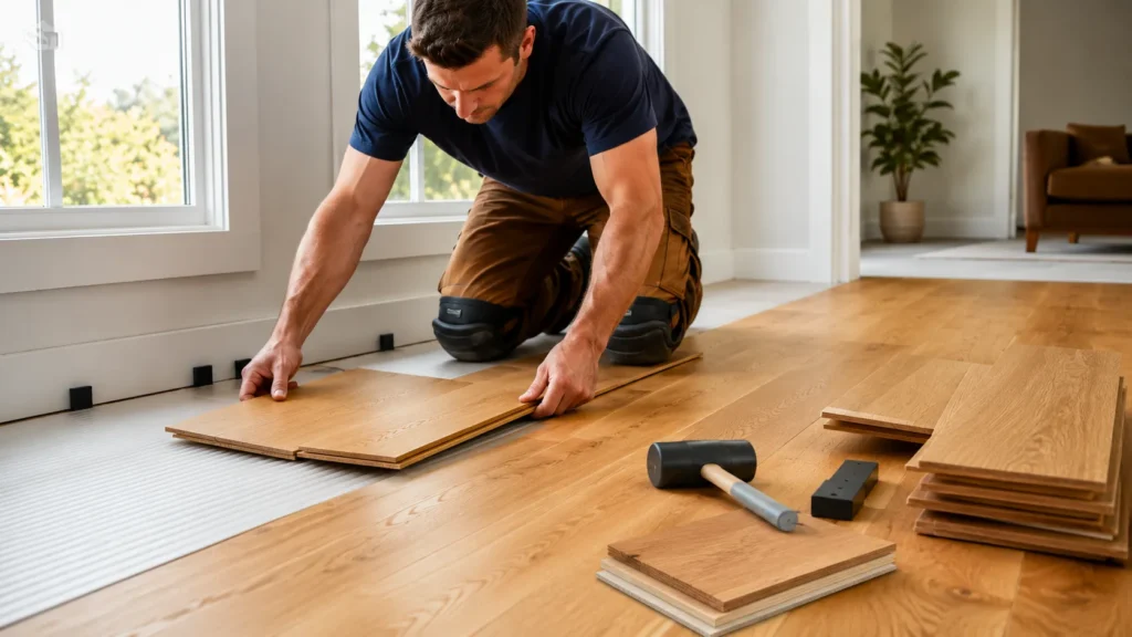 Fitting solid oak flooring planks during home floor installation
