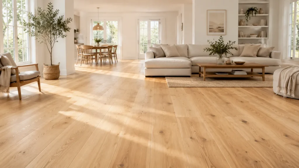 Light oak flooring in a bright open-plan living room with pale wood tones and natural daylight