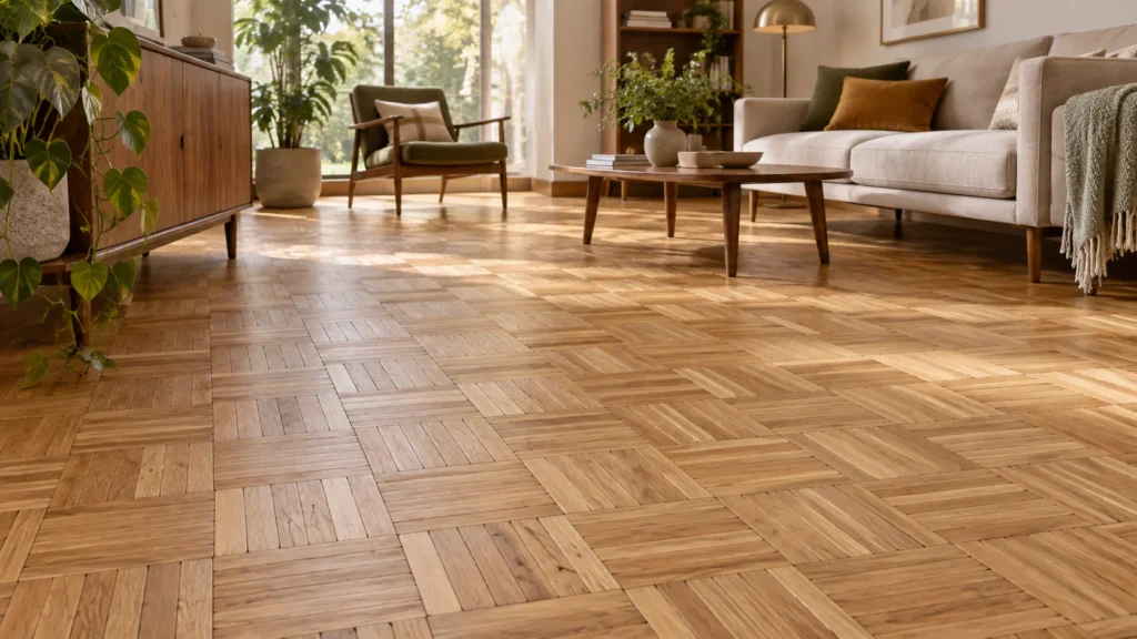 Mosaic finger-block parquet flooring with small real wood strips arranged in alternating square patterns