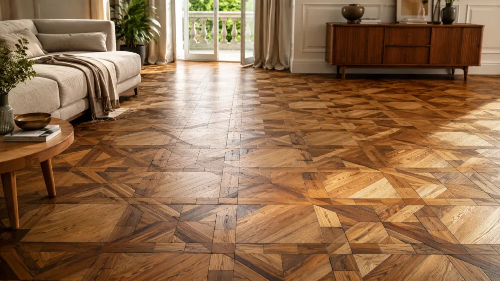 Mosaic parquet flooring in a stylish living room with small geometric wood pieces and detailed patterned floor design