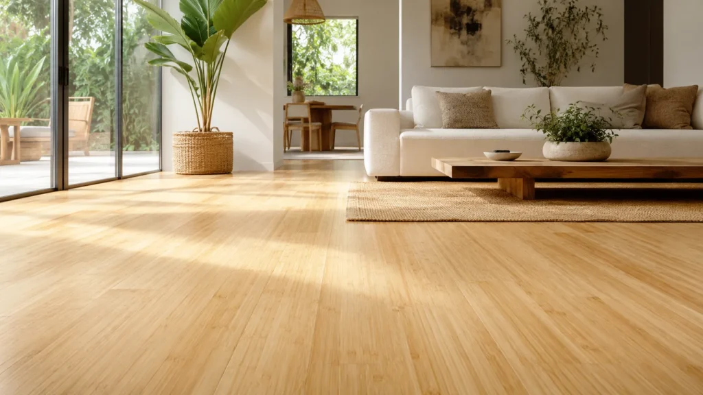 Natural bamboo flooring in a bright living room with light golden tones and eco-friendly interior design