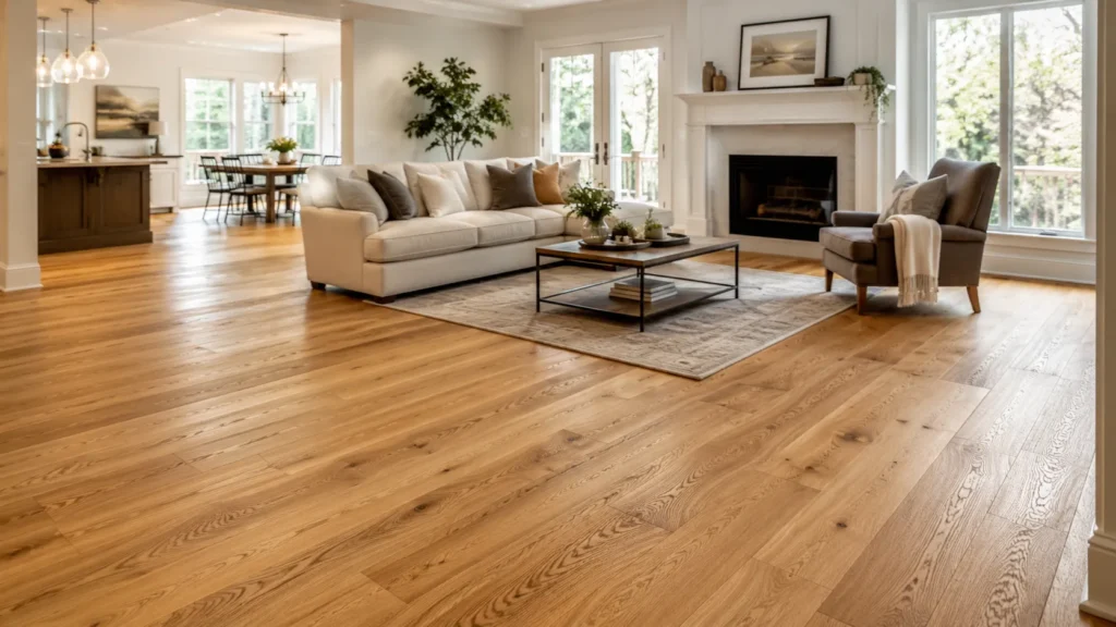 Modern living room with oak flooring, natural wood grain, warm light, and clean home interior