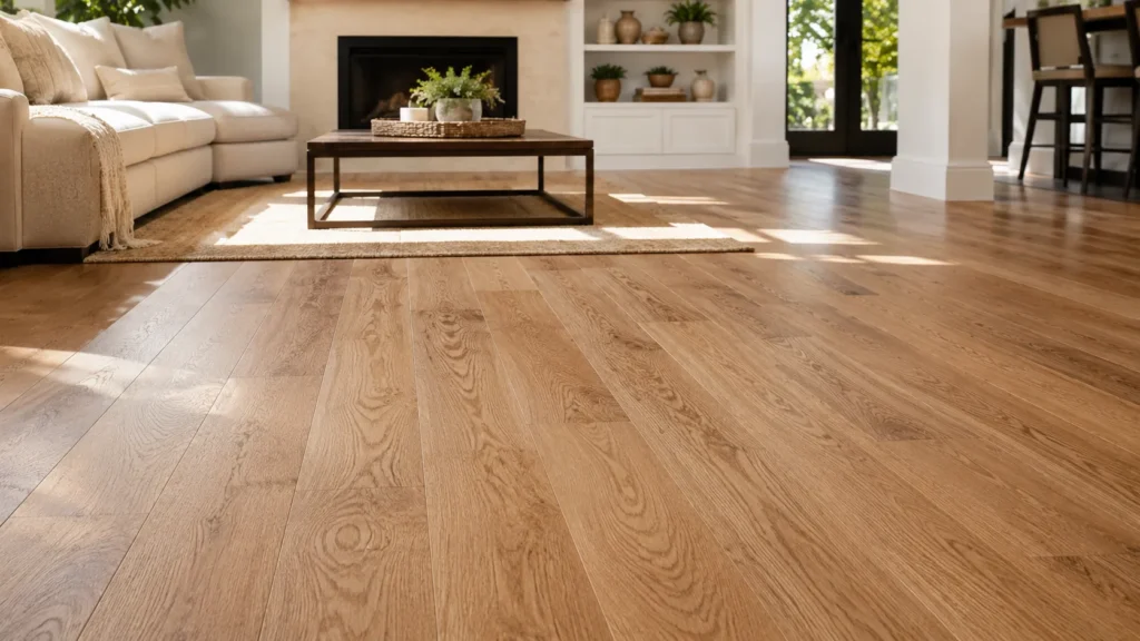 Close-up view of oak flooring in a modern living room with natural grain and warm wood tones