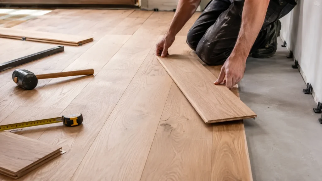 Installer placing oak flooring planks over a prepared subfloor with tools during home flooring installation