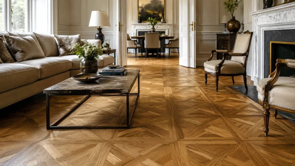 Oak parquet flooring in an elegant formal living room with decorative geometric wood pattern and classic style