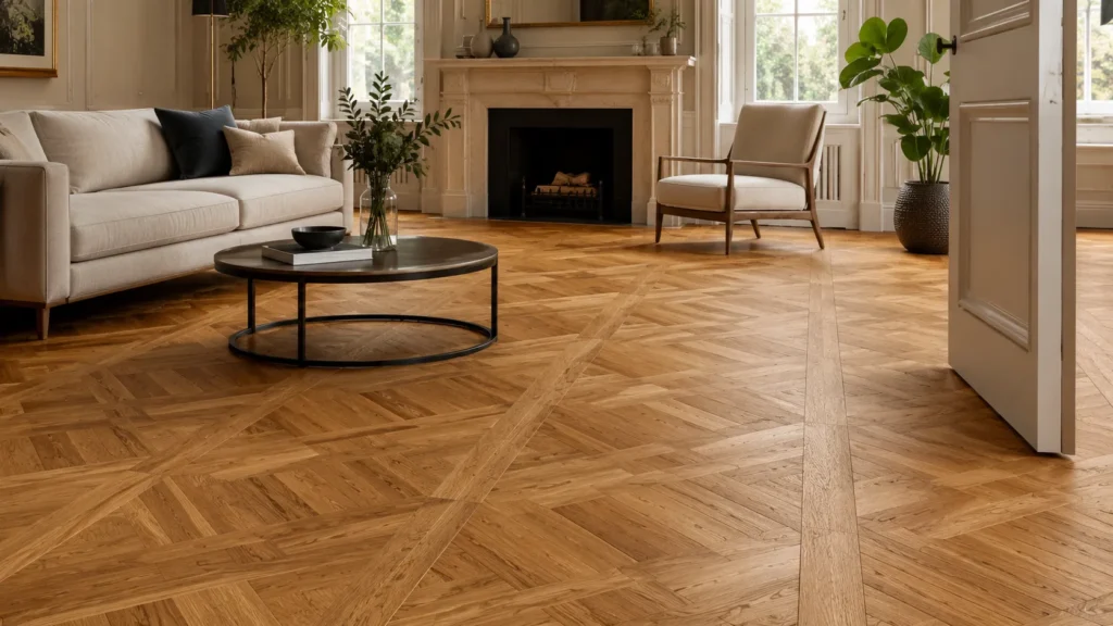 Oak parquet flooring in a bright living room with natural wood grain, warm tones, and classic parquet pattern