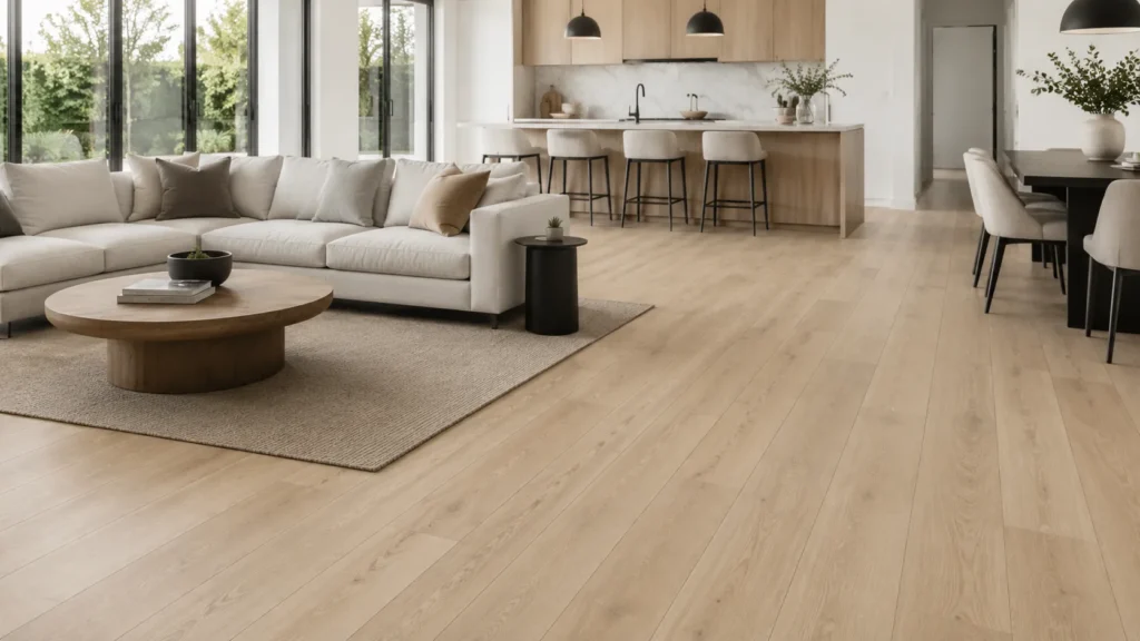 Oak vinyl plank flooring in a modern open-plan home with natural oak look and durable plank surface