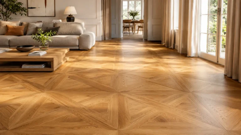 Elegant living room with parquet flooring, geometric wood pattern, natural light, and modern home interior