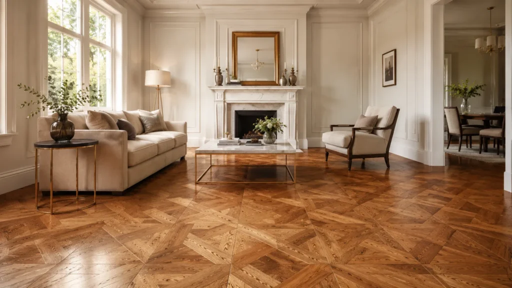 Elegant parquet flooring in a classic living room with decorative geometric wood floor pattern