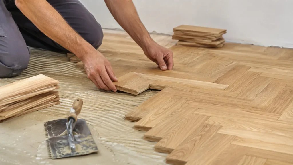 Installer placing parquet flooring pieces over adhesive on a prepared subfloor during parquet floor installation