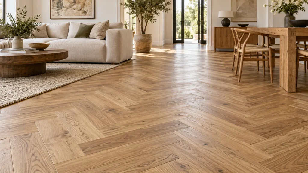 Real wood parquet flooring in a herringbone pattern in a modern living room