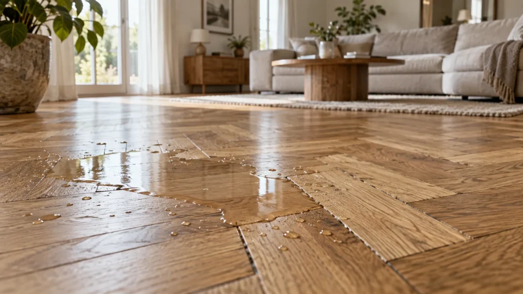 Water spilled on real wood parquet flooring showing why parquet flooring is not waterproof