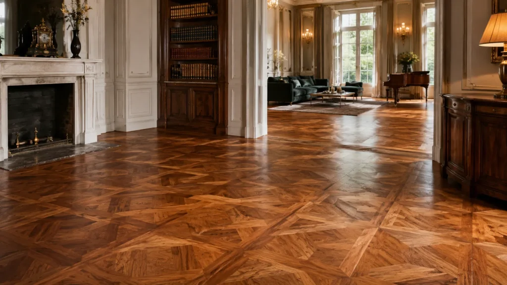 Parquet hardwood flooring in an elegant traditional room with polished wood pattern and premium interior design