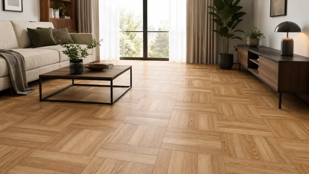 Parquet laminate flooring in a modern living room with wood-look square pattern and clean home decor