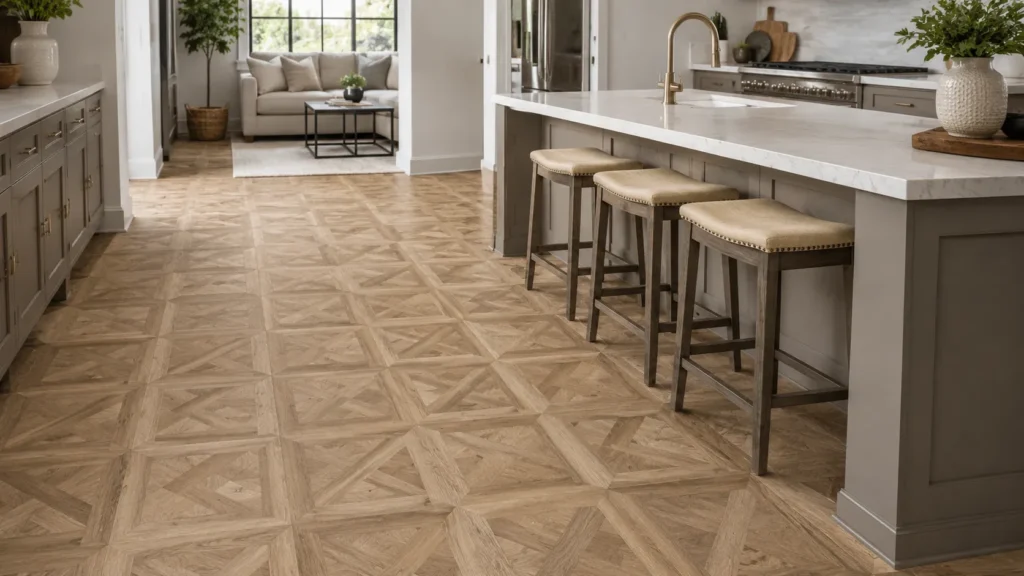 Parquet vinyl flooring in a modern kitchen and living area with decorative wood-look pattern and durable surface