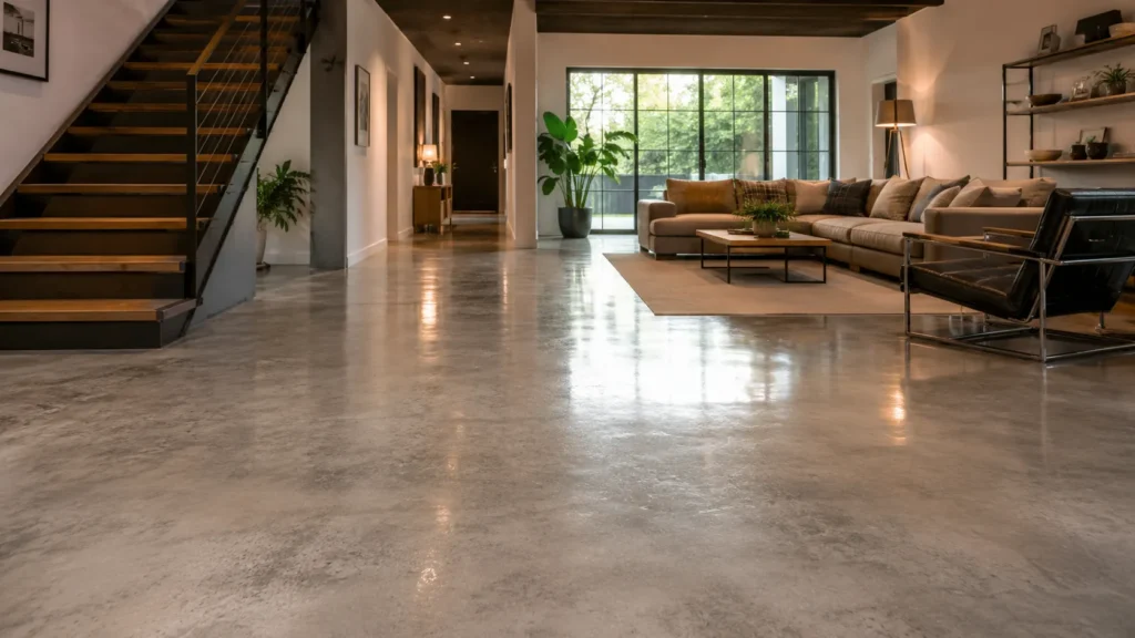 polished concrete flooring in a modern basement, studio, garage-style interior, or contemporary living space