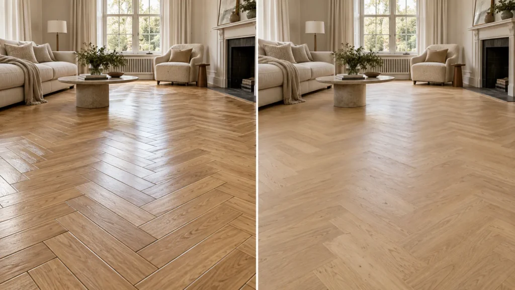 Side-by-side comparison of prefinished and unfinished parquet flooring showing different surface finishes and wood appearance