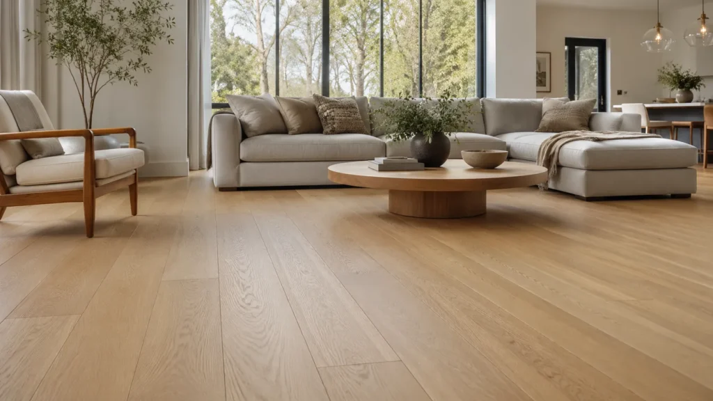 Prefinished white oak flooring in a bright modern living room with light natural tones and subtle wood grain