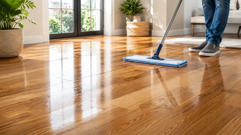 Streak-free hardwood floor being cleaned to prevent haze and dull residue