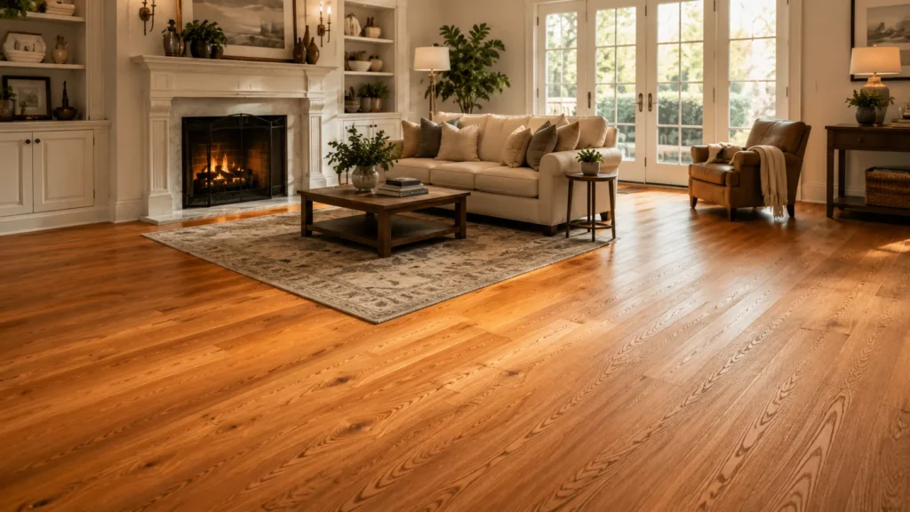 Red oak flooring in a warm living room with rich golden tones and prominent hardwood grain pattern