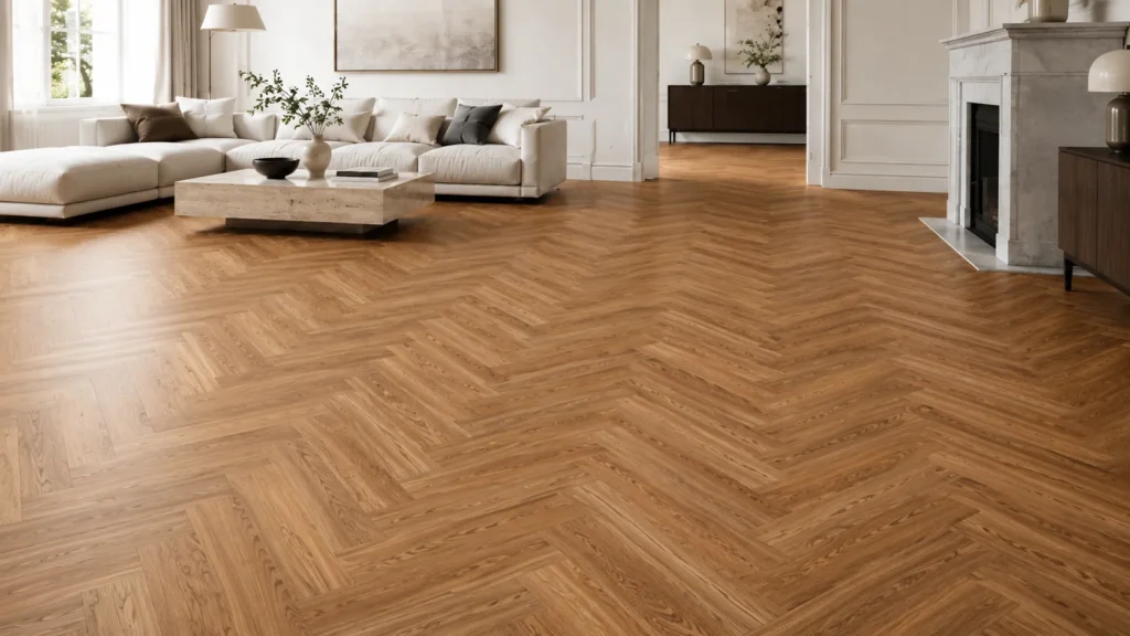 Red oak herringbone flooring in an elegant living room with warm reddish wood tones and visible grain