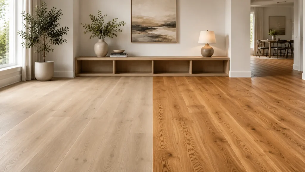 Red oak and white oak flooring comparison showing color, grain, and tone differences in a modern room