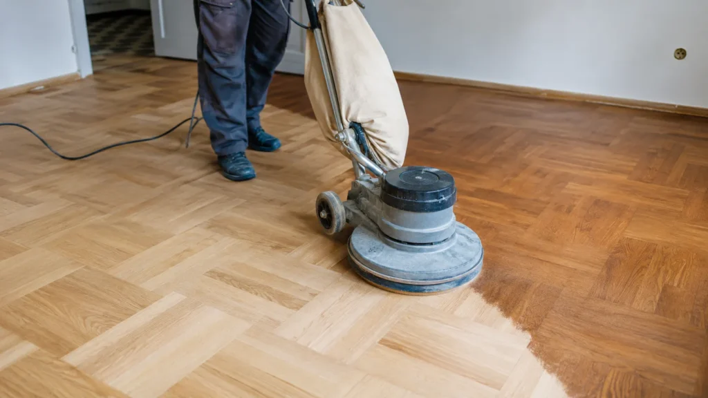 Professional installer laying parquet flooring over a prepared subfloor with tools during home floor installation