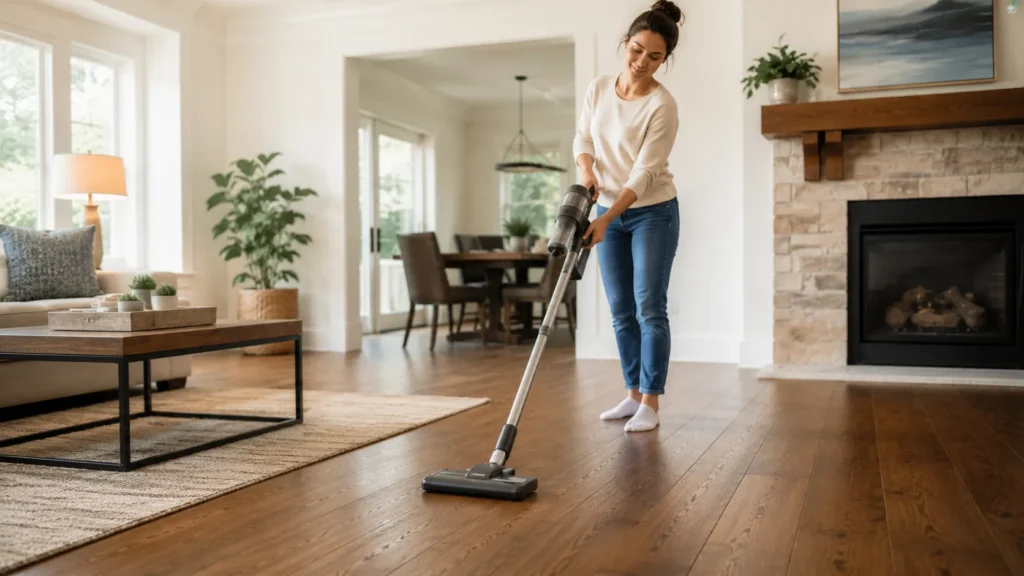 Person vacuuming dust and grit from engineered hardwood floors before damp mopping