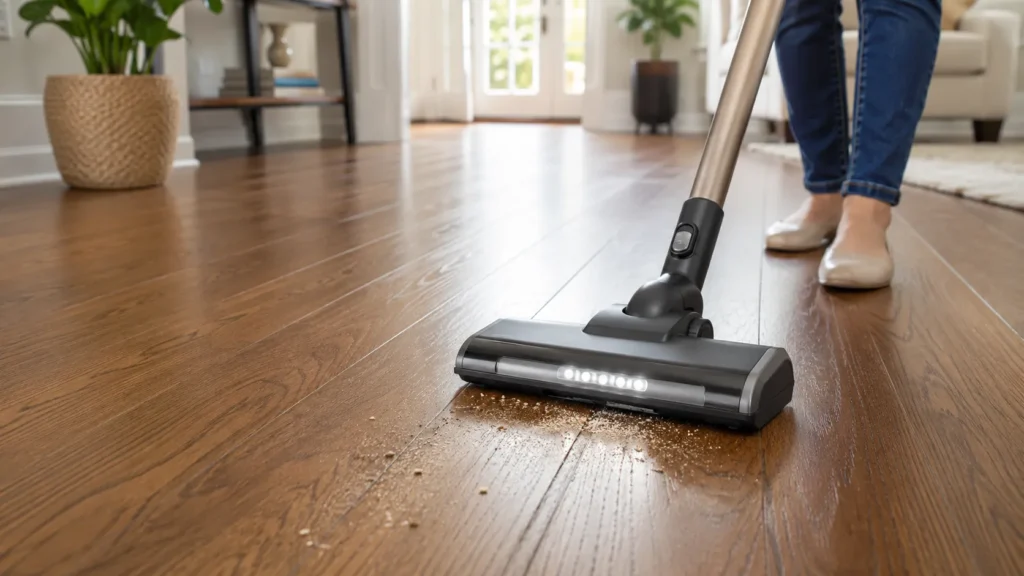 Vacuum removing dust, crumbs, and loose dirt from hardwood floors before mopping